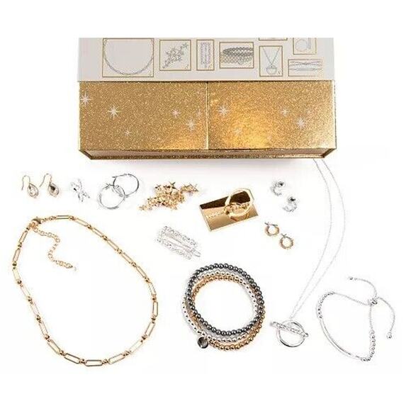 12 Piece Jewelry Set Gold Tone Necklace Earrings Bracelet Ring Brooch Trendy NWT - Picture 1 of 9